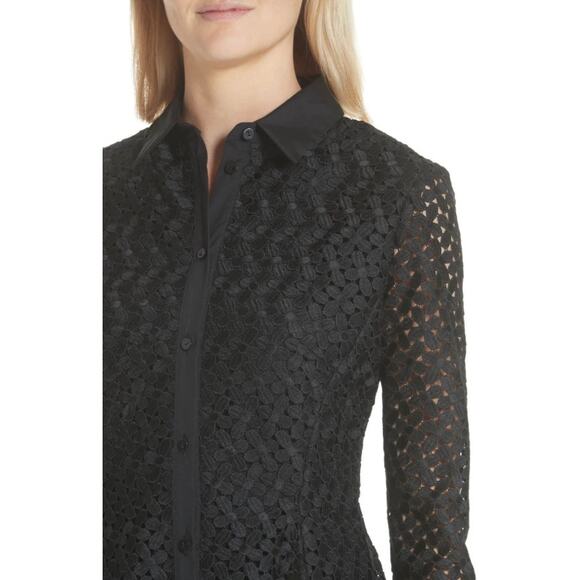 LELA ROSE black cotton lace longline peplum button front asymmetrical blouse top - Picture 4 of 14
